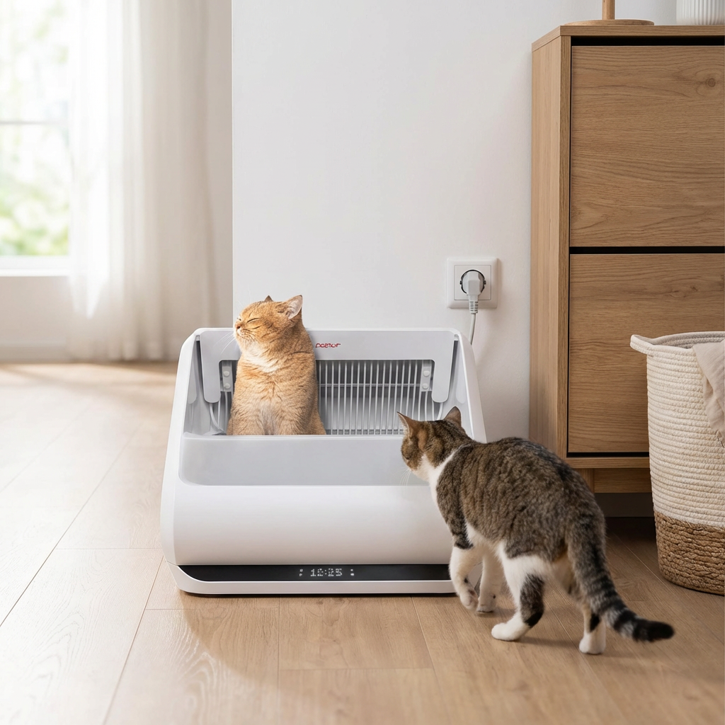 KI-Visualisierung: Popur X5 selbstreinigendes Katzenklo in Wohnumgebung mit Katze