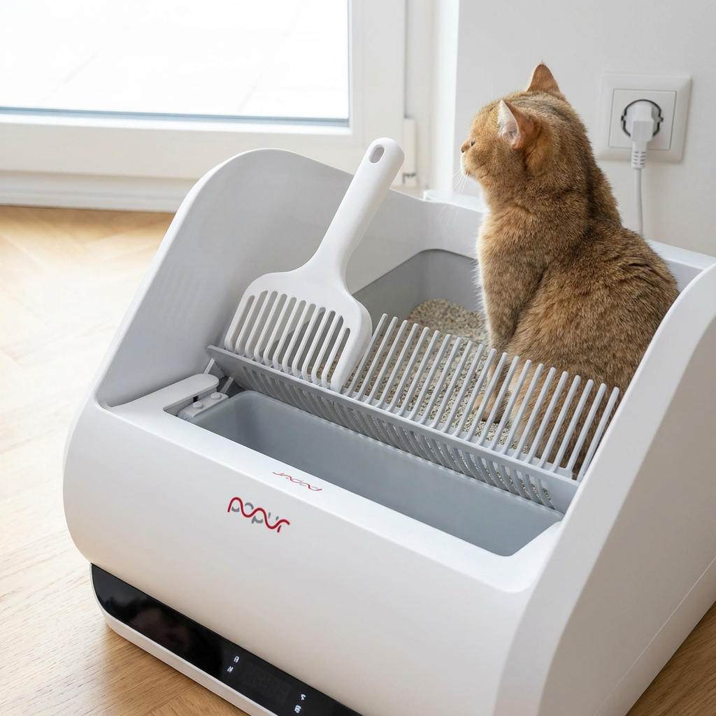 KI-Visualisierung: Popur X5 Innenmechanismus und Abfallfach einer Katzentoilette