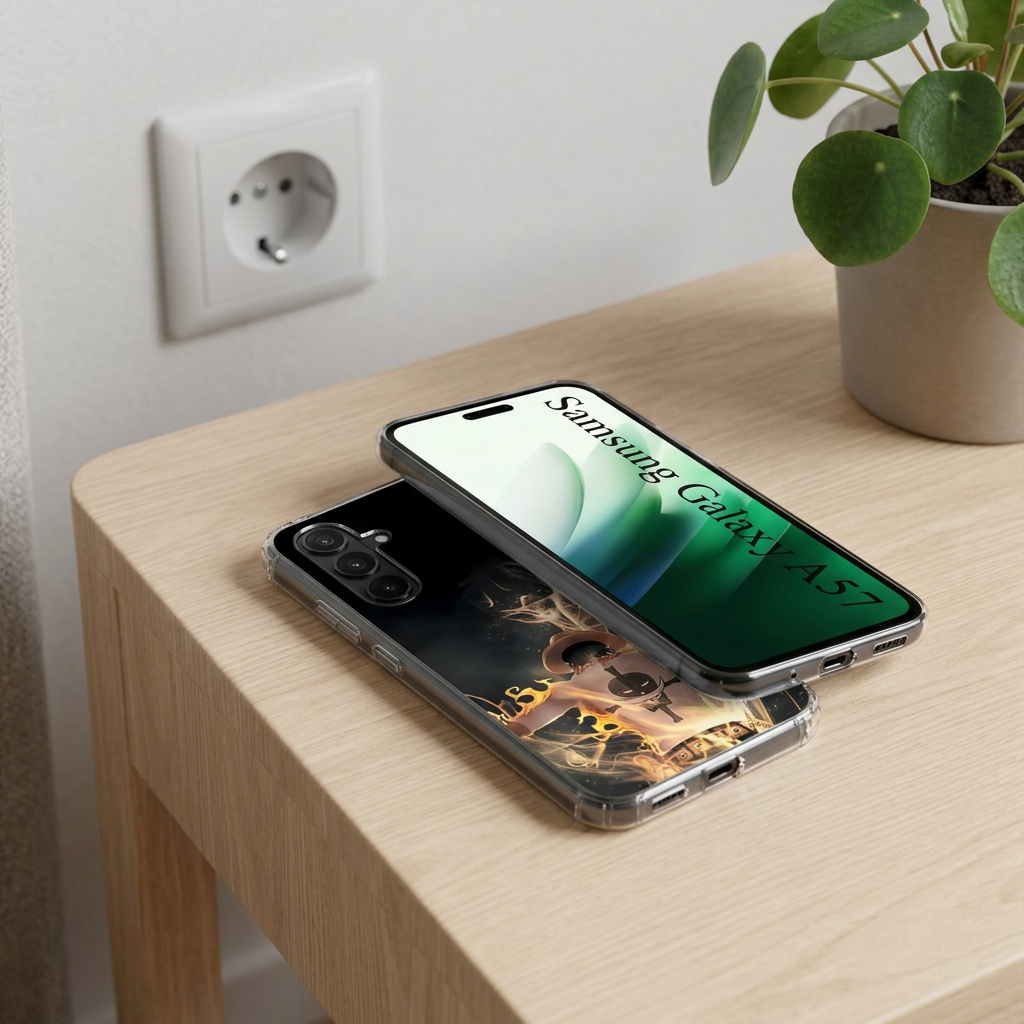 KI-Visualisierung: Samsung Galaxy A57 5G Smartphone liegt auf einem Schreibtisch