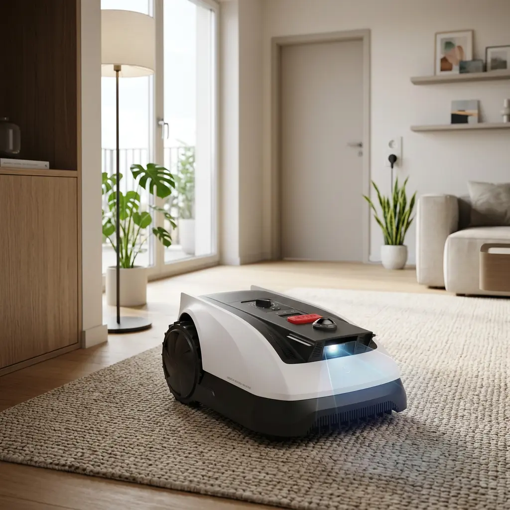 KI-Visualisierung: Ecovacs GOAT O500 Panorama Mähroboter in hellem Wohnraum platziert