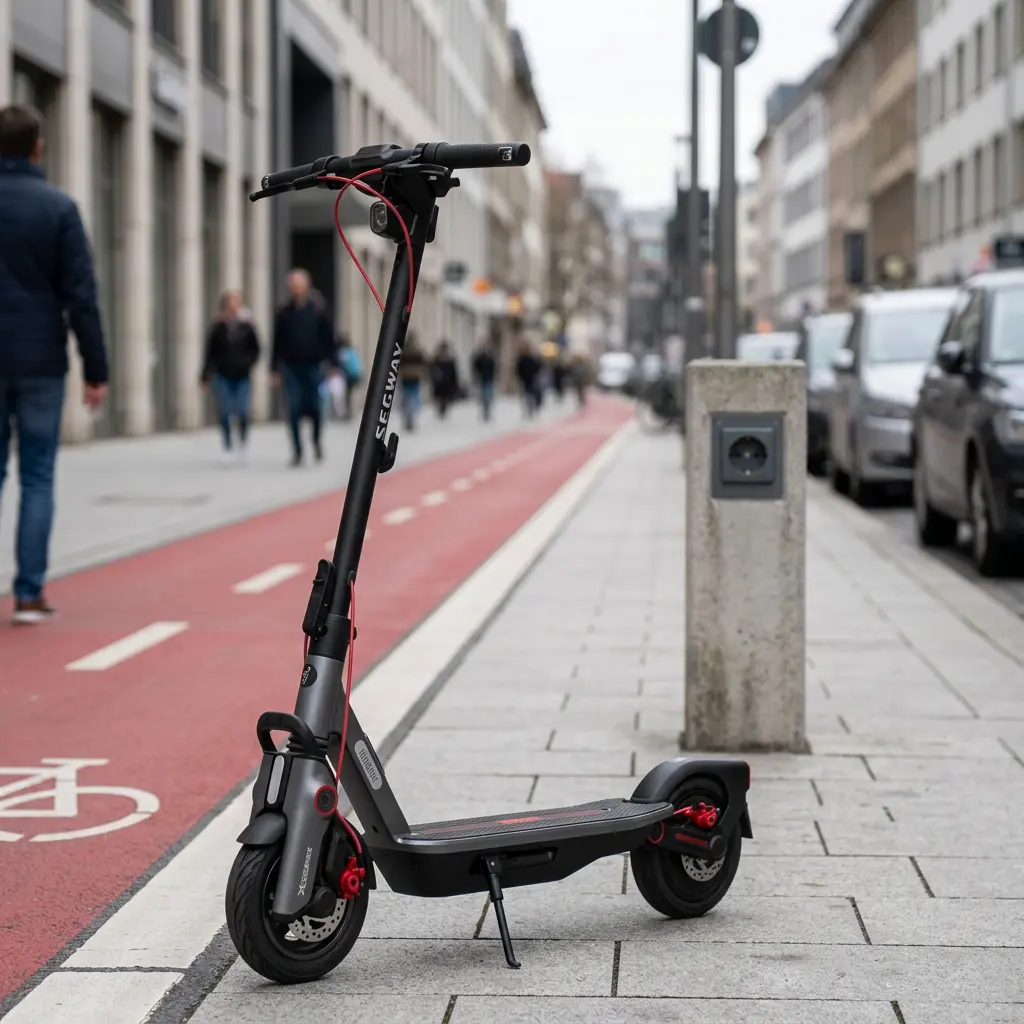 KI-Visualisierung: Segway Ninebot F3 Pro D E-Scooter parkend auf einem Gehweg