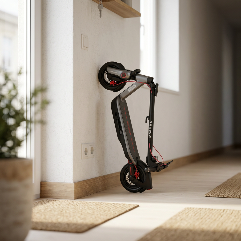 KI-Visualisierung: Segway Ninebot F3 Pro D E-Scooter platzsparend an Wand gelehnt