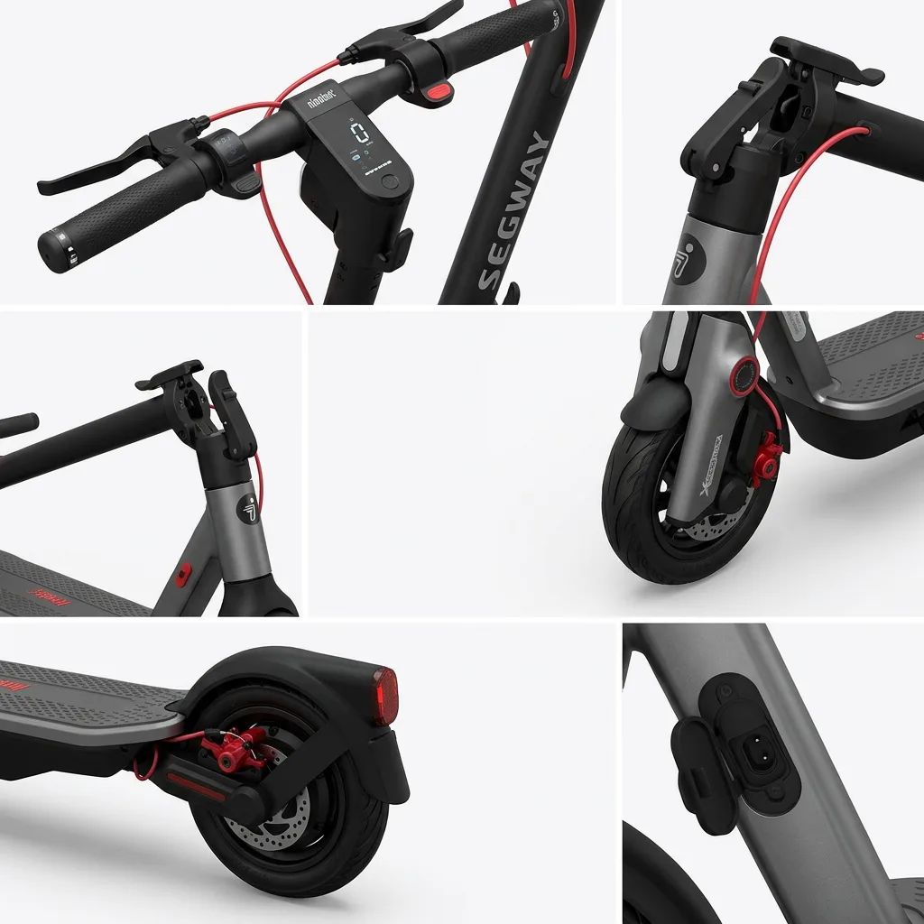 KI-Visualisierung: Segway Ninebot F3 Pro D Nahaufnahmen verschiedener Details eines E-Scooters