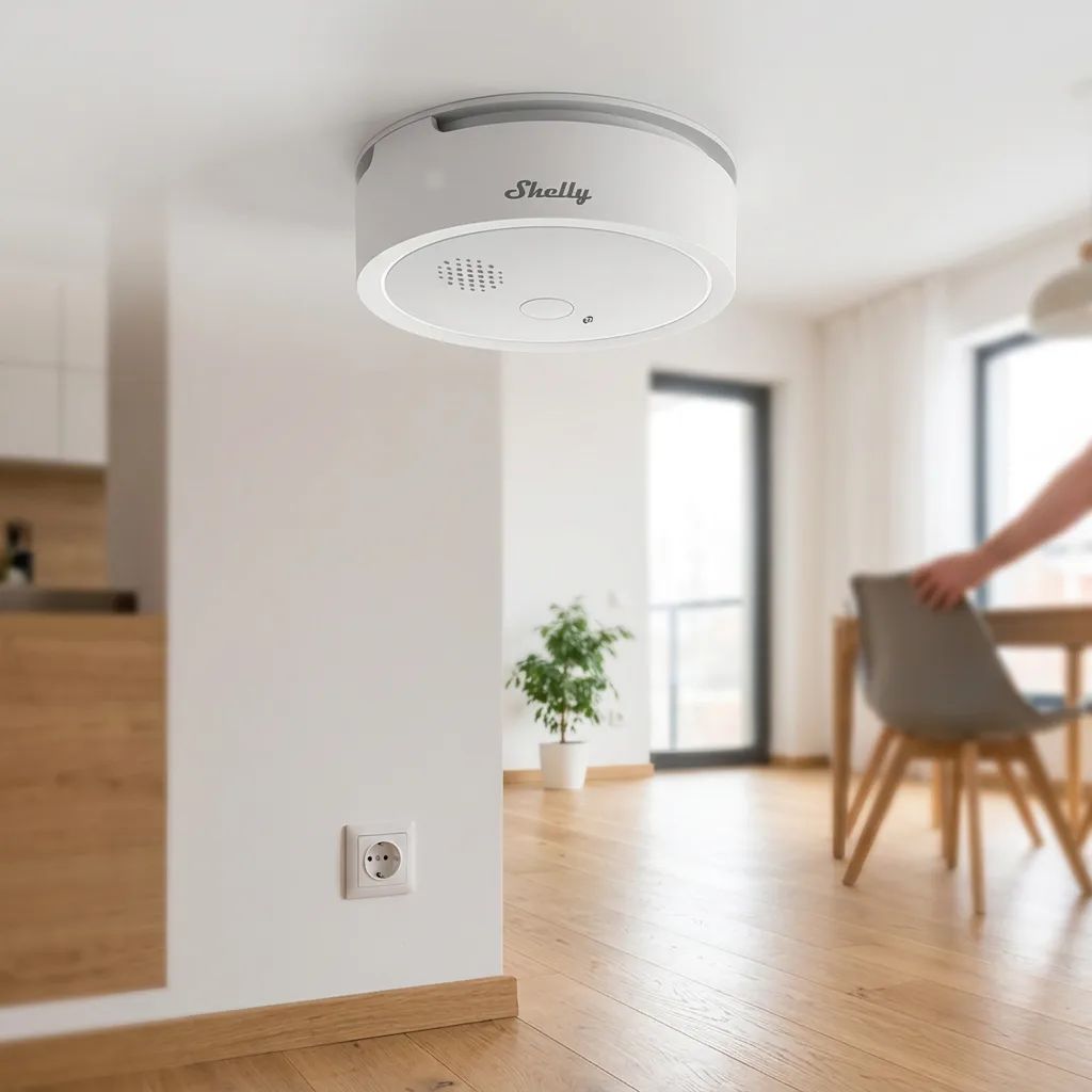 Shelly Plus Smoke – placed in a clean, well-lit home environment
