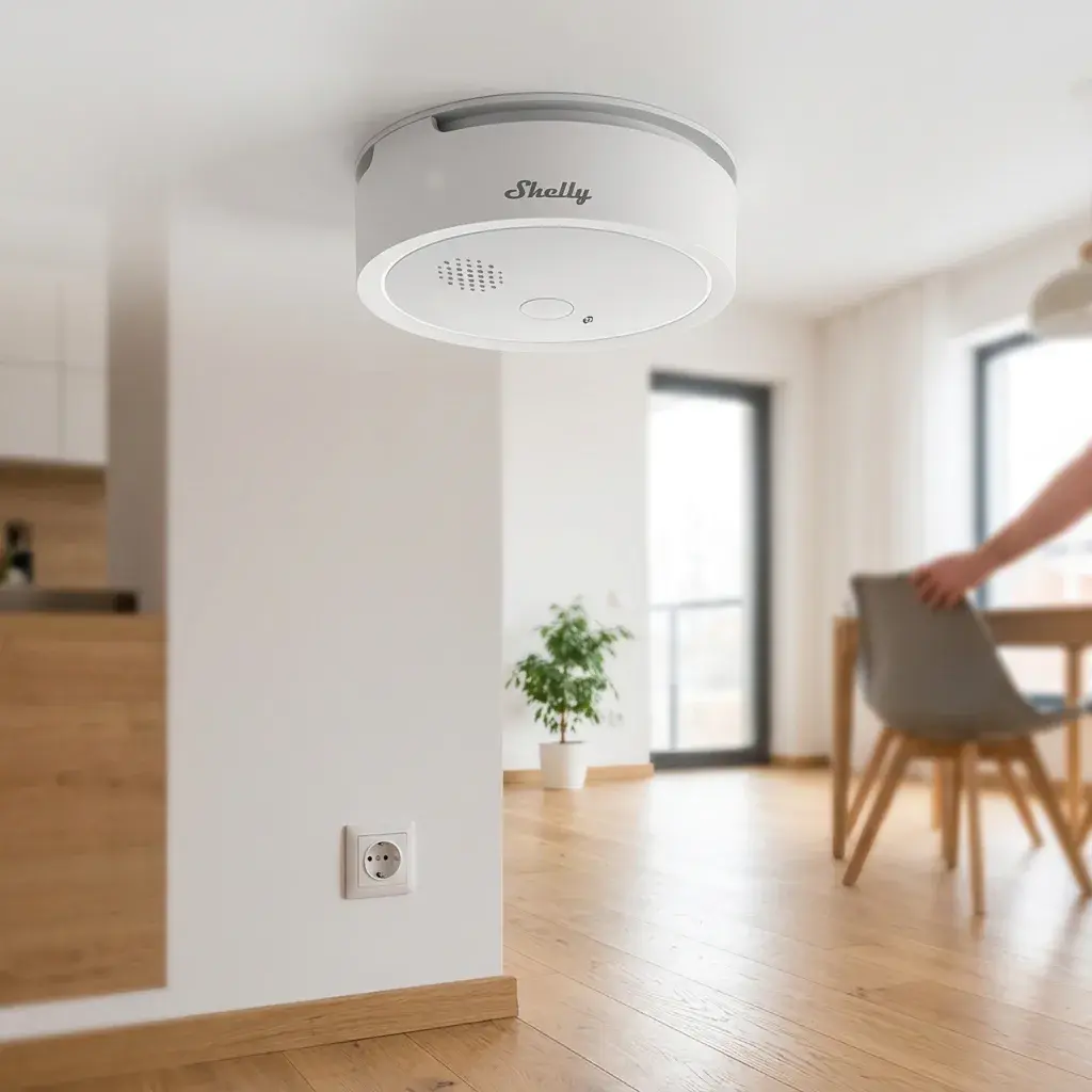 Shelly Plus Smoke – placed in a clean, well-lit home environment