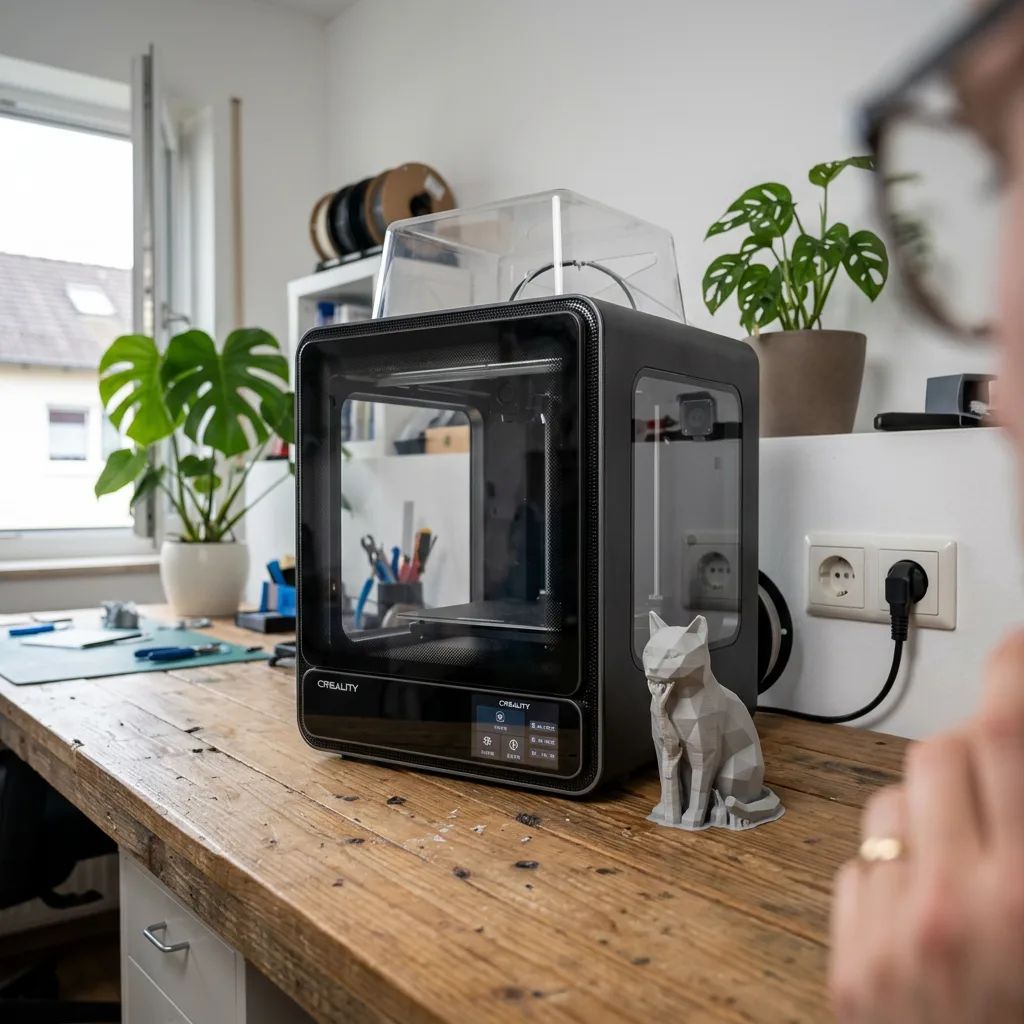 Creality CR-200B – a finished 3D print next to the printer on a desk