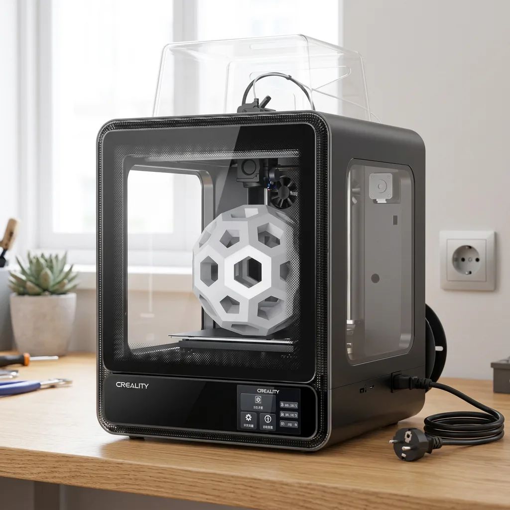 Creality CR-200B – shown from the side in a calm, tidy setting with soft daylight