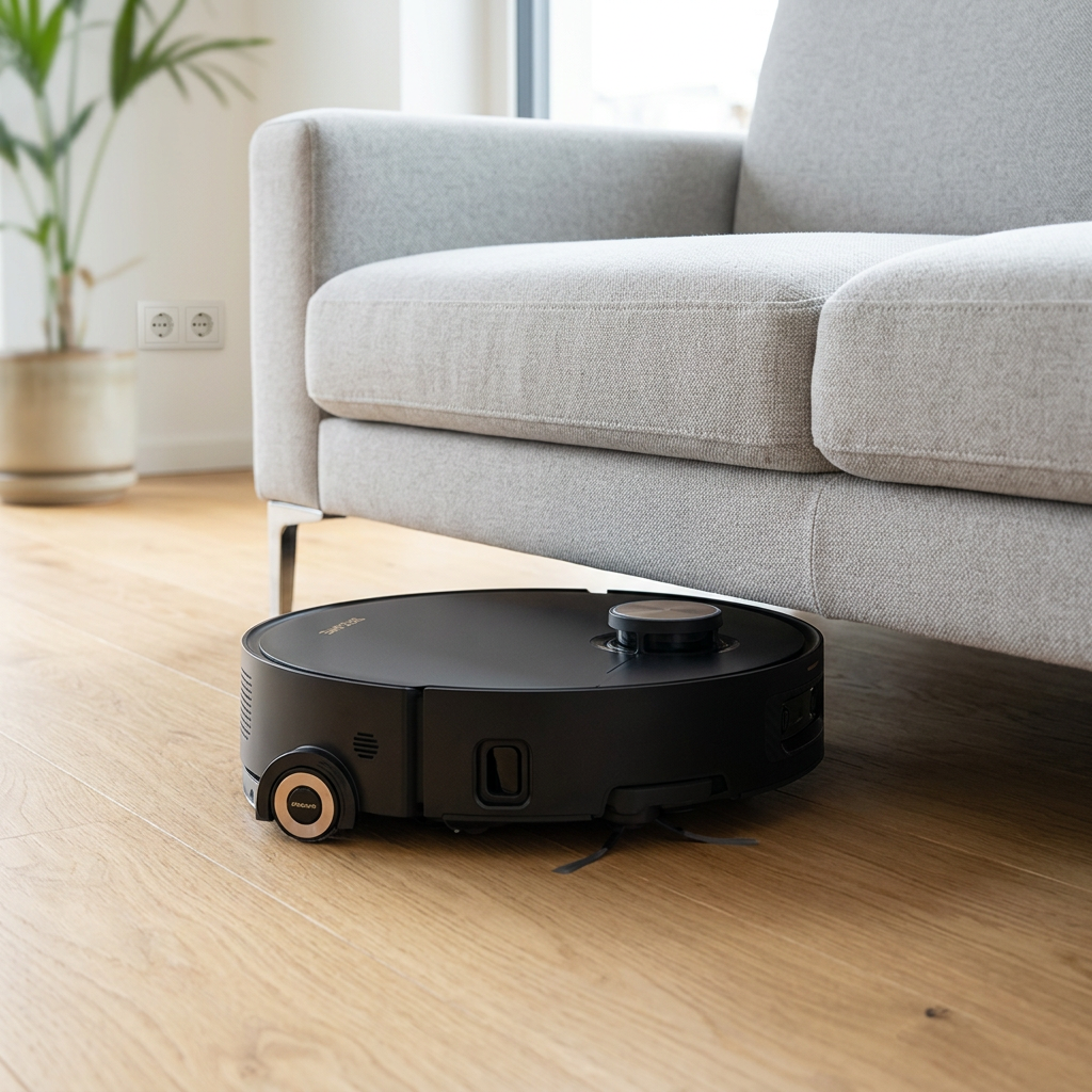 KI-Visualisierung: Dreame Aqua10 Roller Saugwischer reinigt unter einem Sofa