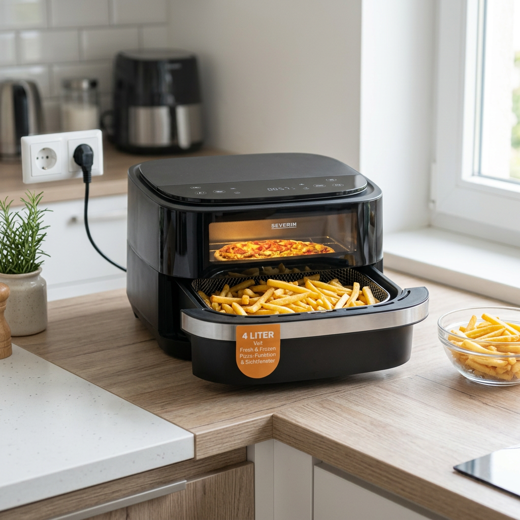 KI-Visualisierung: Severin S-Fry Pizza & More Heißluftfritteuse FR 2464 Heißluftfritteuse mit Pommes im Korb
