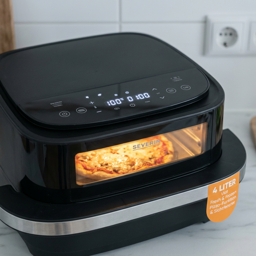 KI-Visualisierung: Severin S-Fry Pizza & More Heißluftfritteuse FR 2464 Digitales Bedienfeld einer Heißluftfritteuse