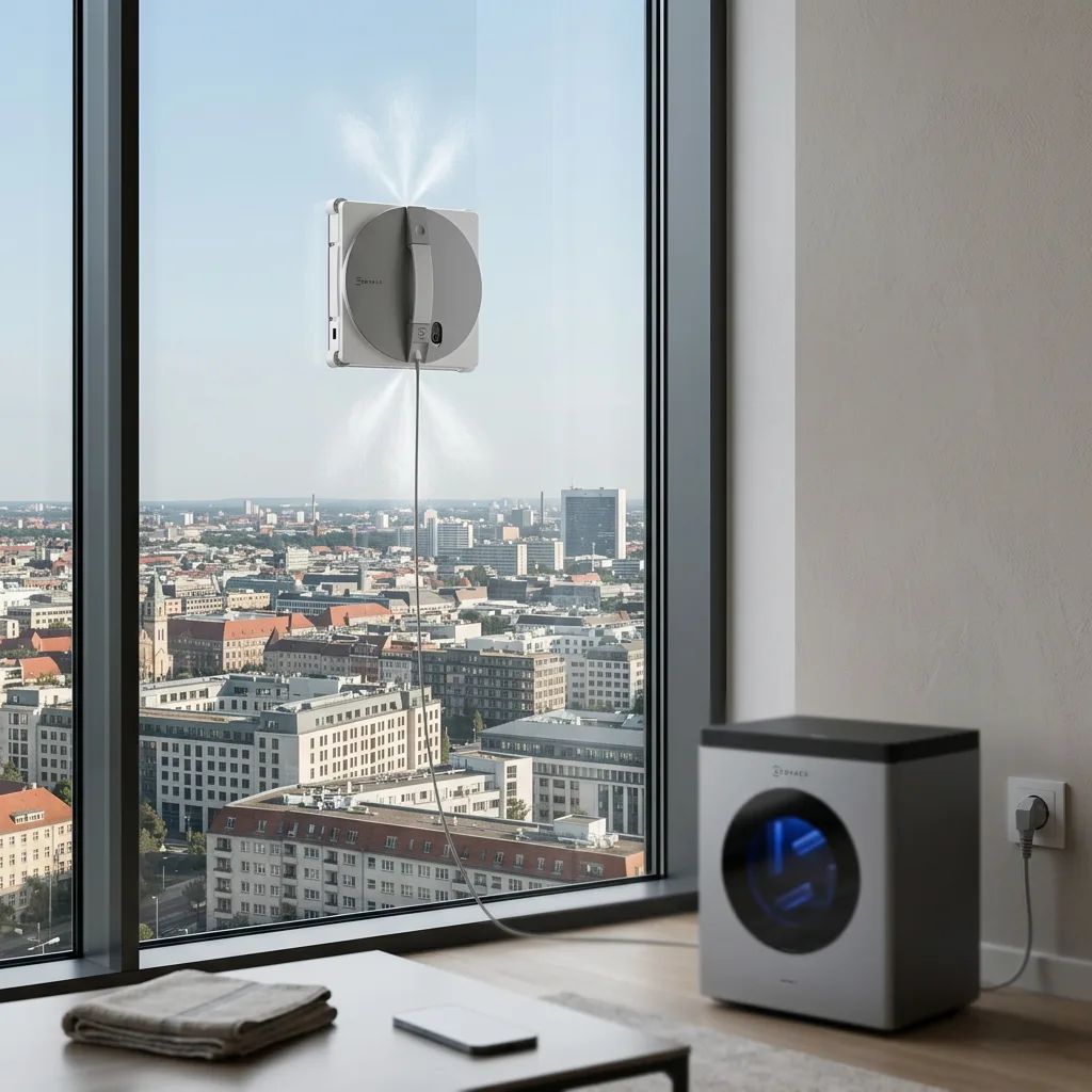 Ecovacs WINBOT W3 OMNI – attached to a window cleaning the glass