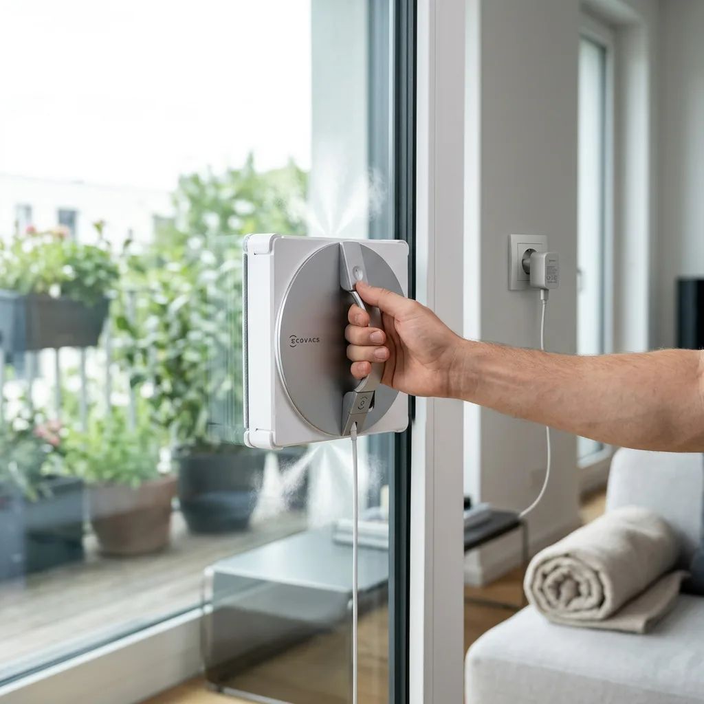 Ecovacs WINBOT W3 OMNI – being placed on a window by a person