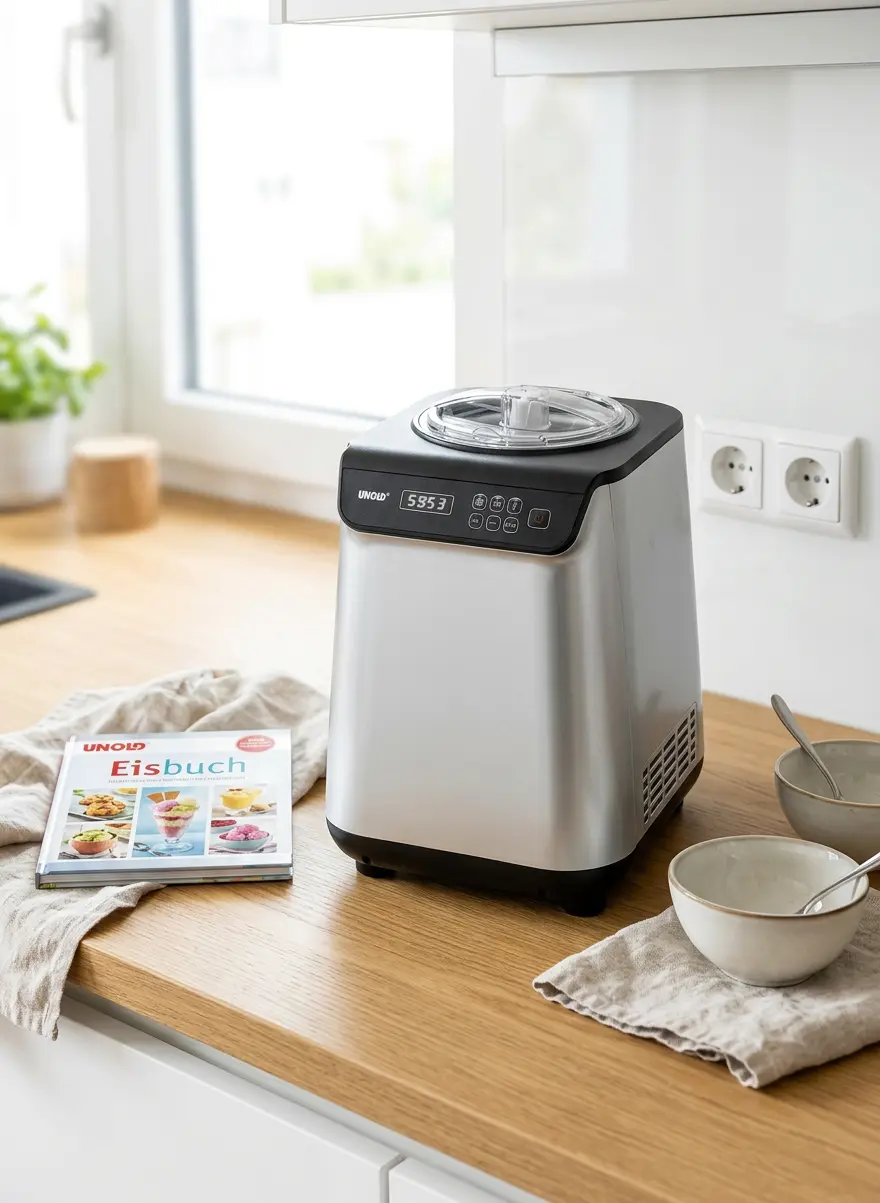 Unold Eismaschine Uno inklusive Eisbuch 1,2 L – placed in a clean, well-lit home environment