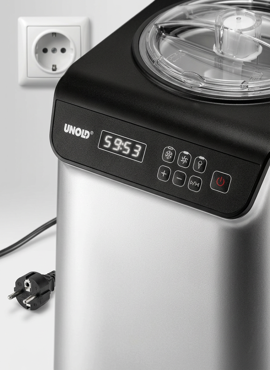 Unold Eismaschine Uno inklusive Eisbuch 1,2 L – detailed view of the key features, buttons and design elements