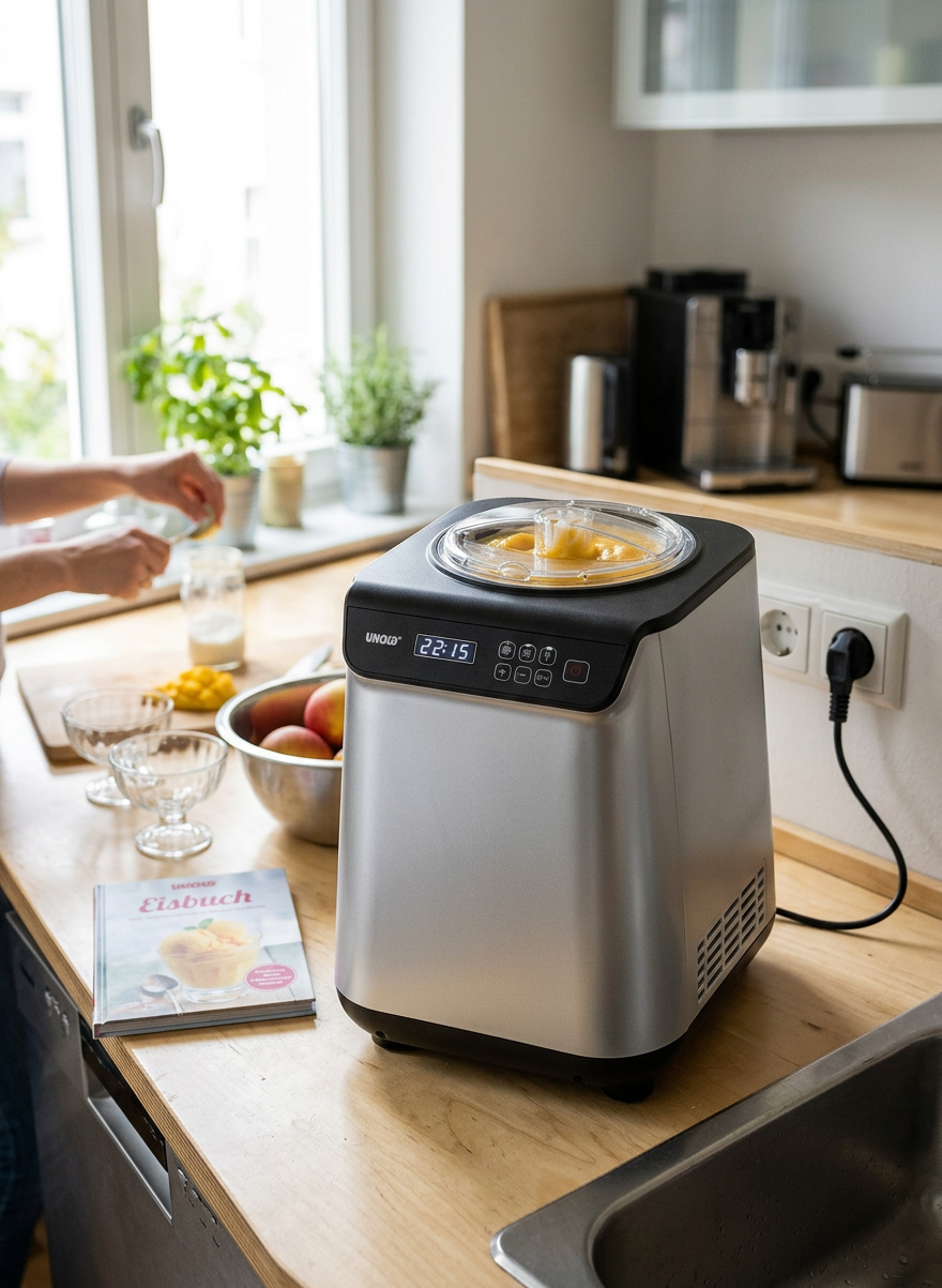 Unold Eismaschine Uno inklusive Eisbuch 1,2 L – being used in a natural, realistic everyday scenario