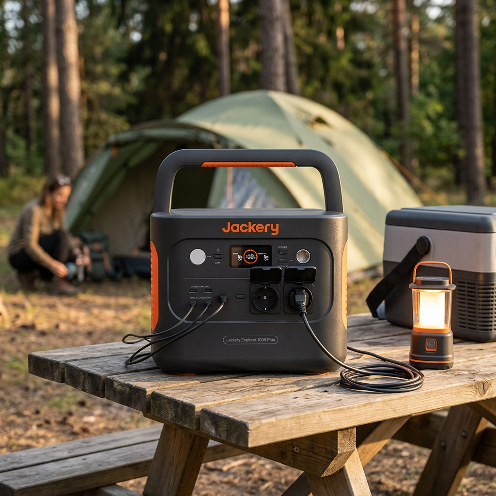 KI-Visualisierung: Jackery Explorer 1000 Plus Powerstation versorgt Geräte auf Campingplatz
