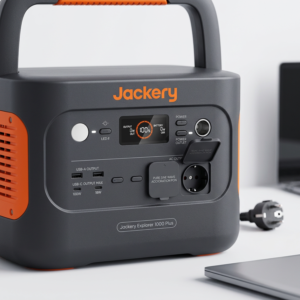 KI-Visualisierung: Jackery Explorer 1000 Plus Detaillierte Ansicht des Bedienfelds und Anschlüsse