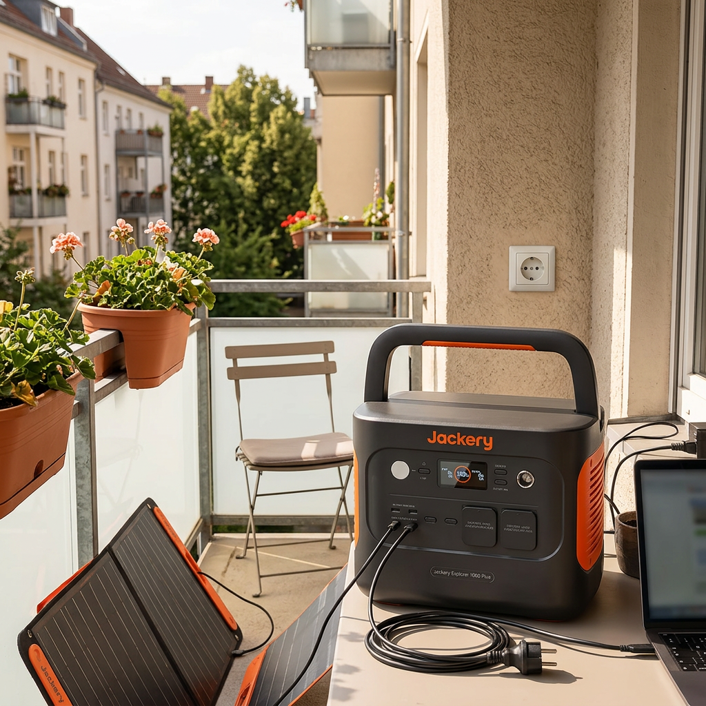 KI-Visualisierung: Jackery Explorer 1000 Plus Laden per Solarpanel auf Balkon