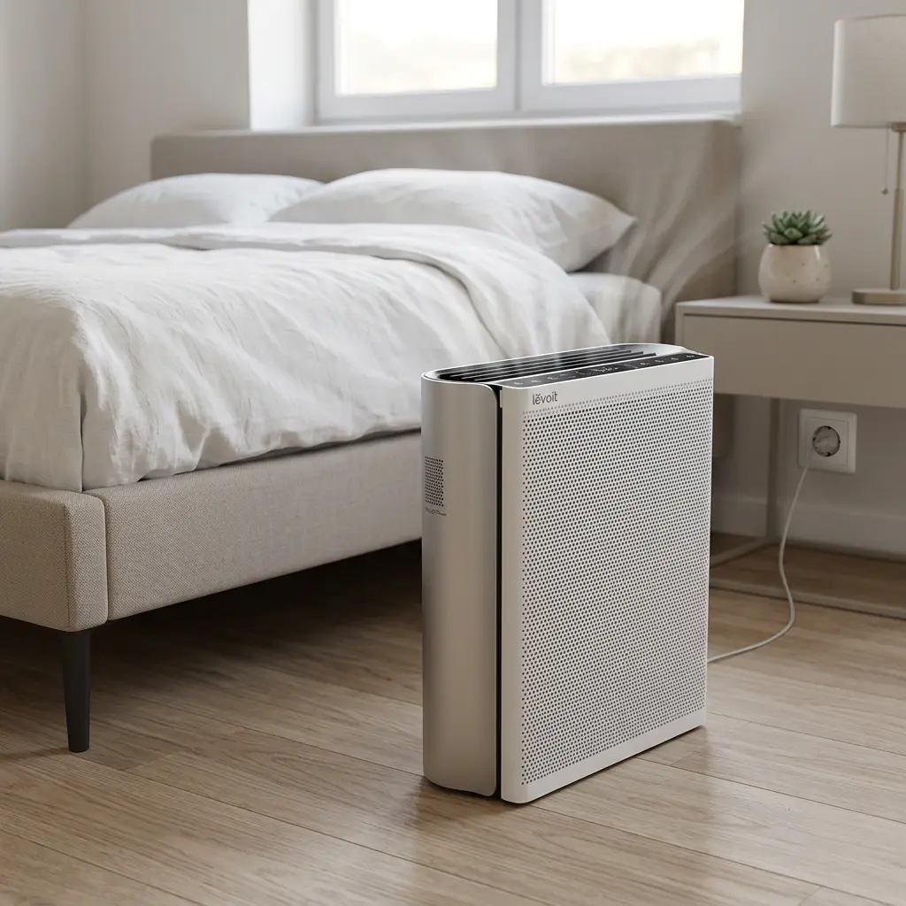 KI-Visualisierung: Levoit EverestAir®-P Smart Air Purifier Luftreinigung neben dem Bett