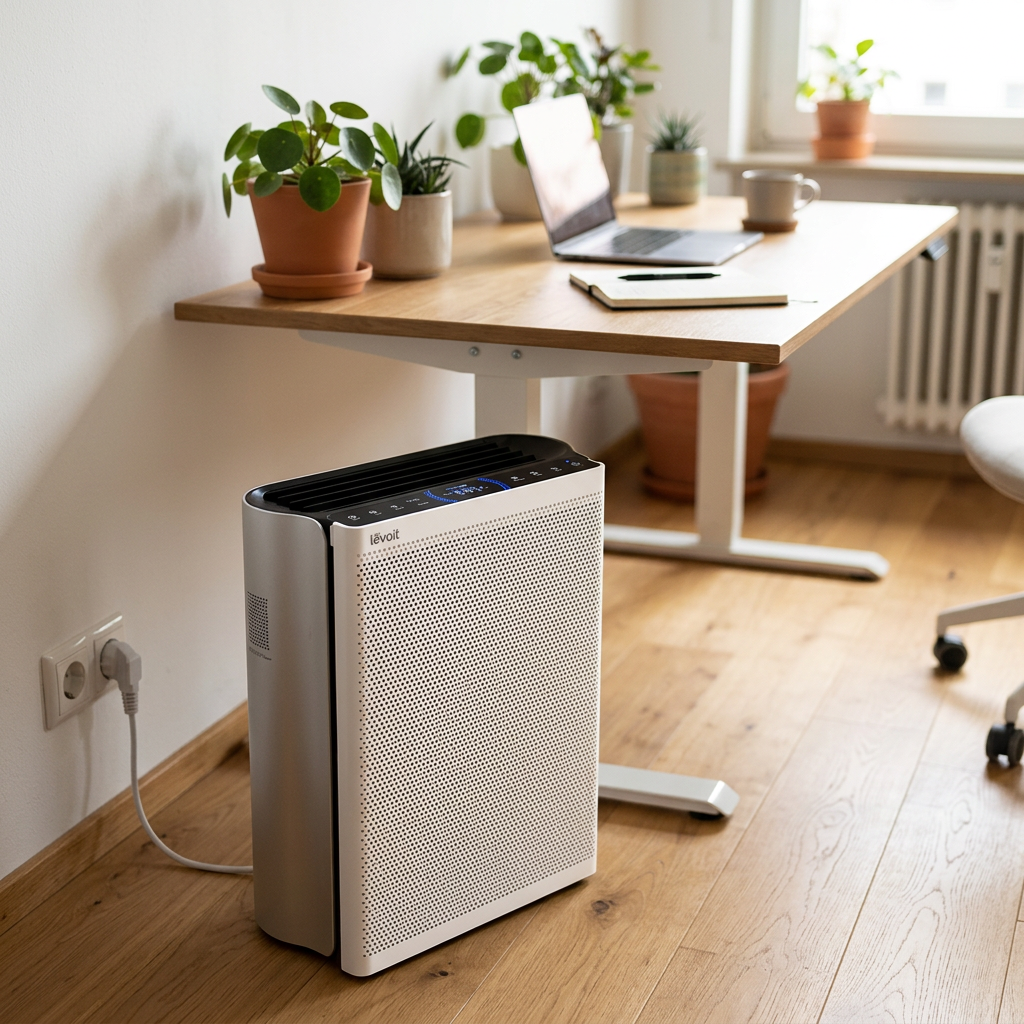 KI-Visualisierung: Levoit EverestAir®-P Smart Air Purifier Betrieb in einem Arbeitszimmer