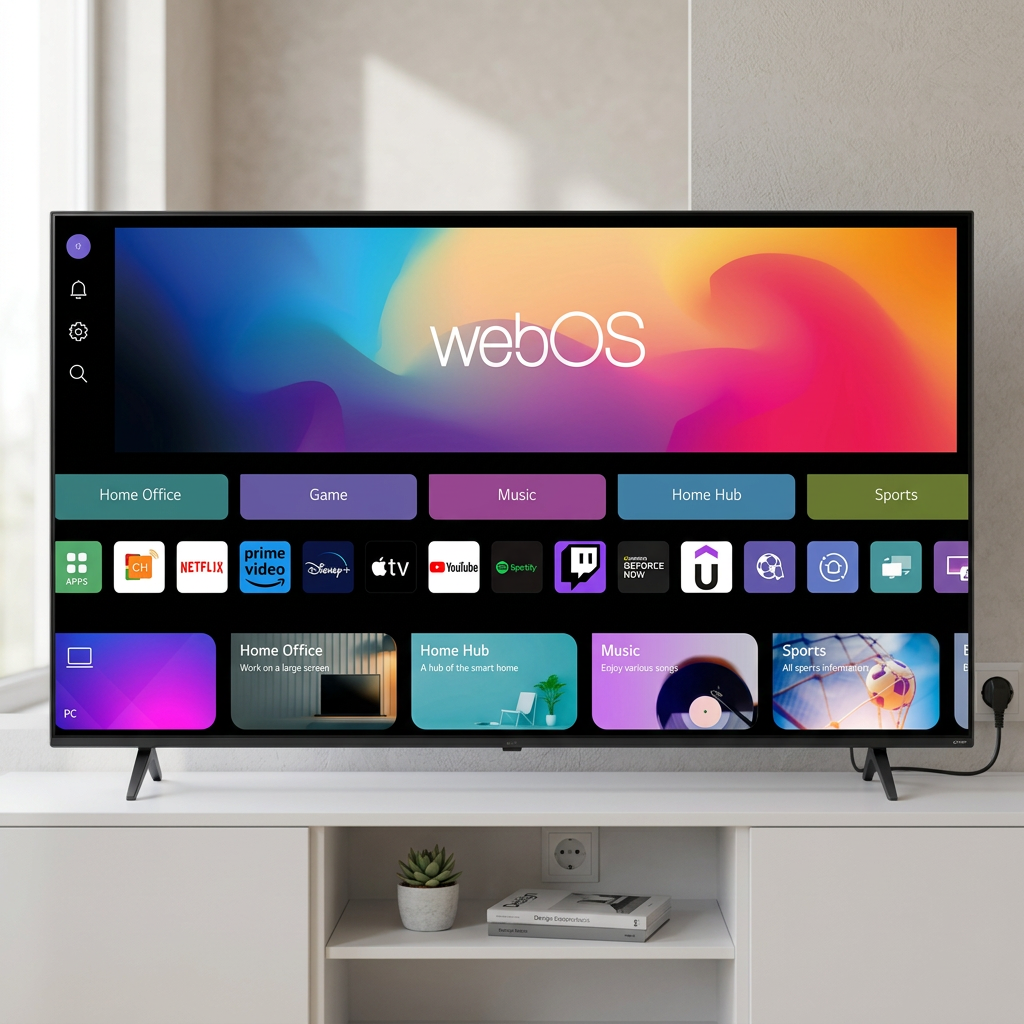 KI-Visualisierung: LG 108cm (43) QNED AI QNED65 Mini LED 4K Smart TV 2026 Fernseher an Wohnzimmerwand montiert