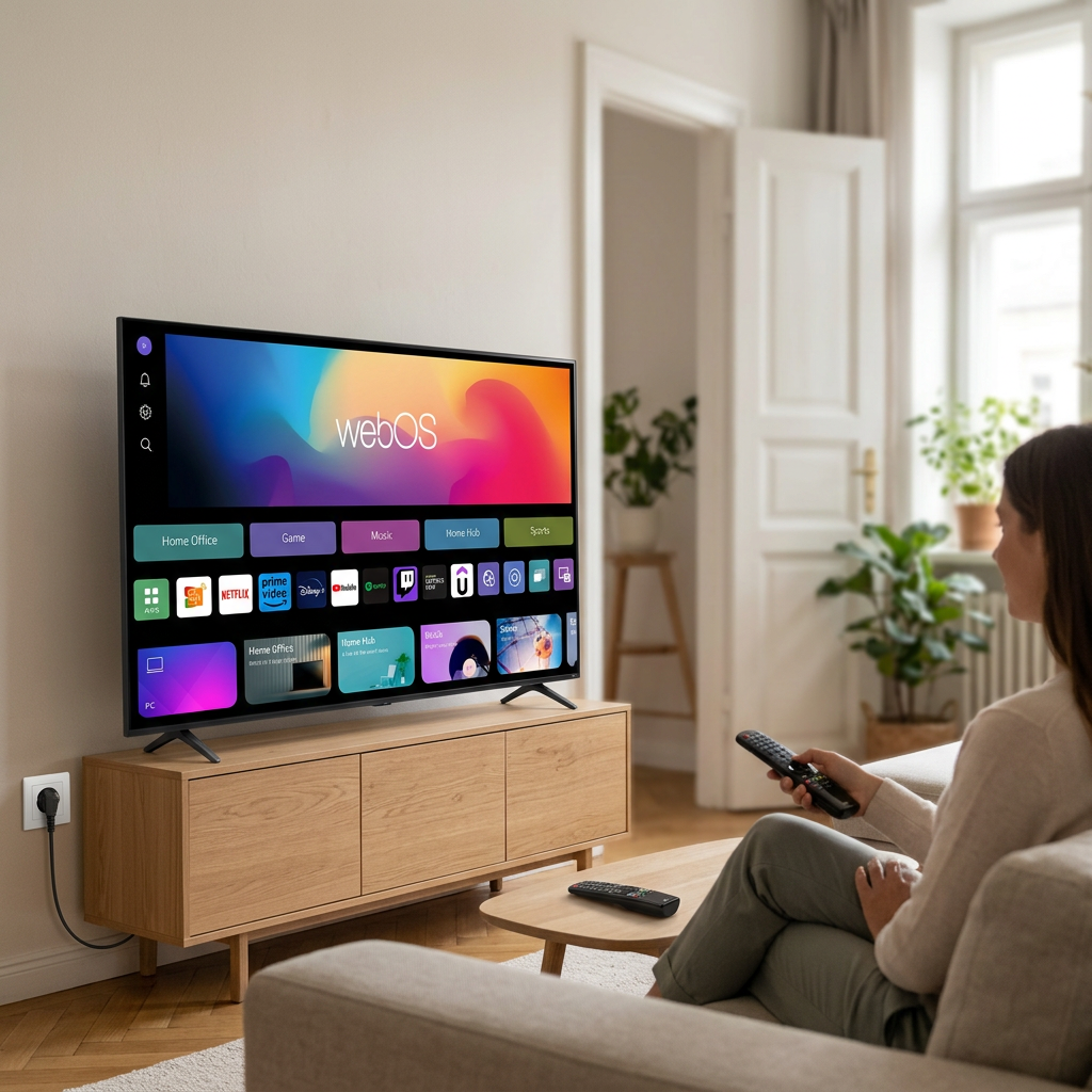 KI-Visualisierung: LG 108cm (43) QNED AI QNED65 Mini LED 4K Smart TV 2026 Filmabend vor großem Smart-TV