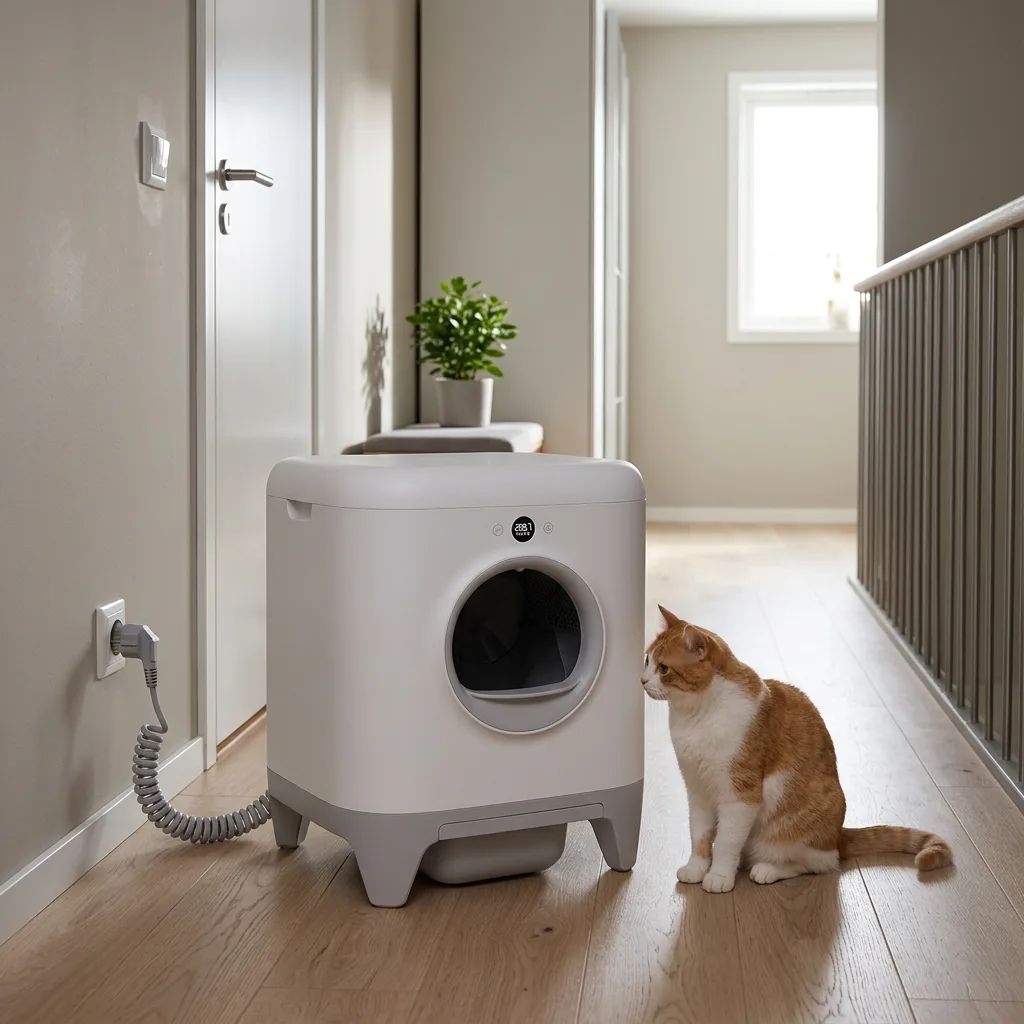 KI-Visualisierung: Petkit Pura X Katzenklo in Wohnumgebung mit Katze