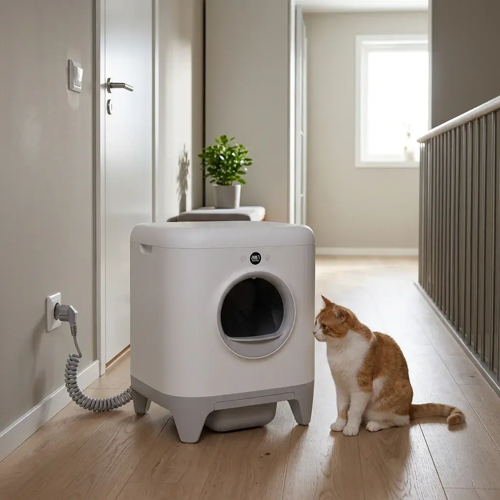 KI-Visualisierung: Petkit Pura X Katzenklo in Wohnumgebung mit Katze