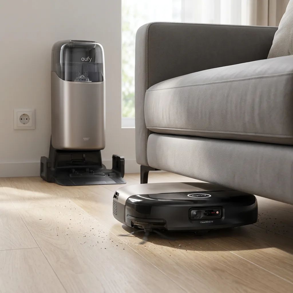 KI-Visualisierung: Eufy Saug- und Wischroboter Omni S2 Saugroboter reinigt unter einem Sofa