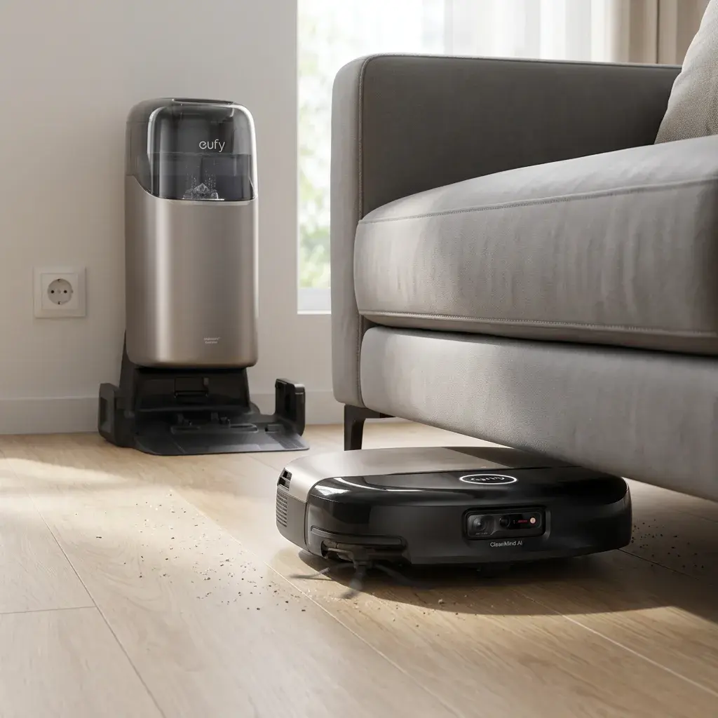 KI-Visualisierung: Eufy Saug- und Wischroboter Omni S2 Saugroboter reinigt unter einem Sofa