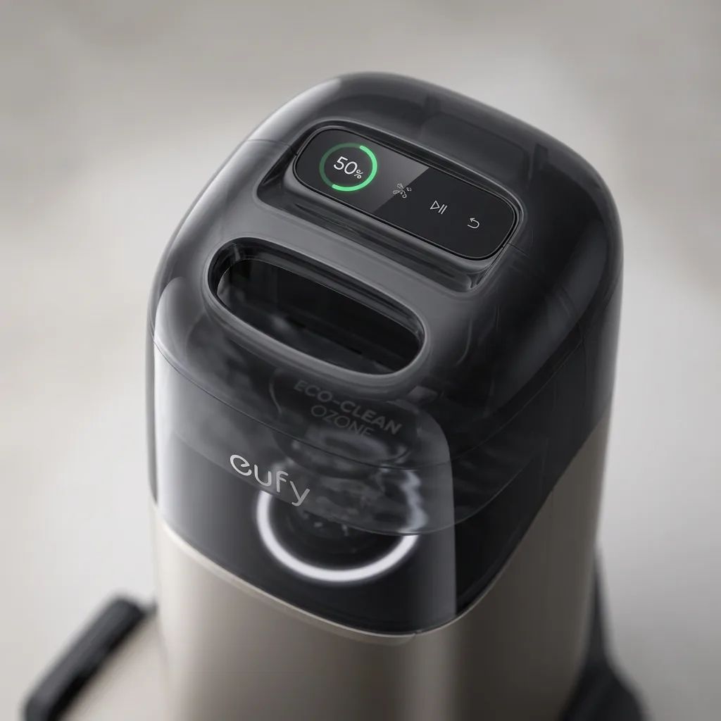 KI-Visualisierung: Eufy Saug- und Wischroboter Omni S2 Oberseite mit Sensoren und Tasten