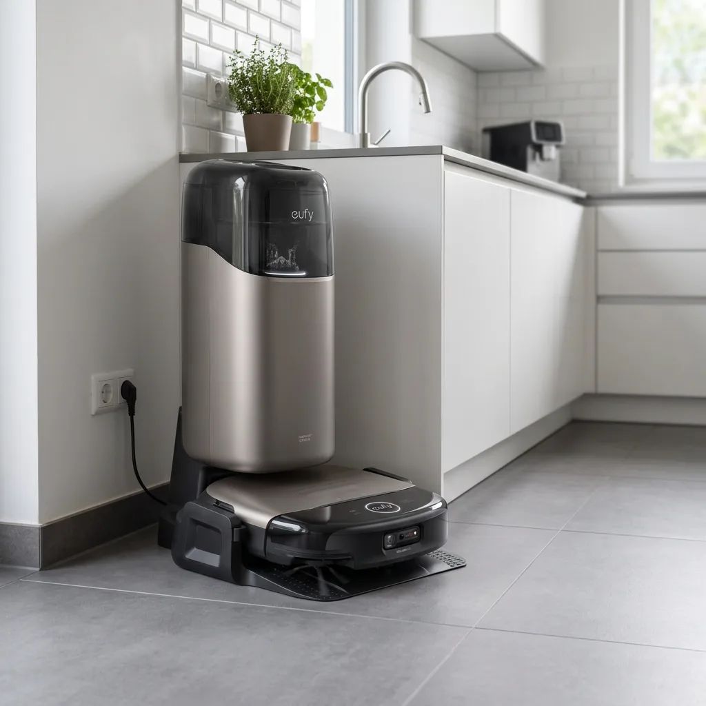 KI-Visualisierung: Eufy Saug- und Wischroboter Omni S2 Saugroboter fährt zur Ladestation