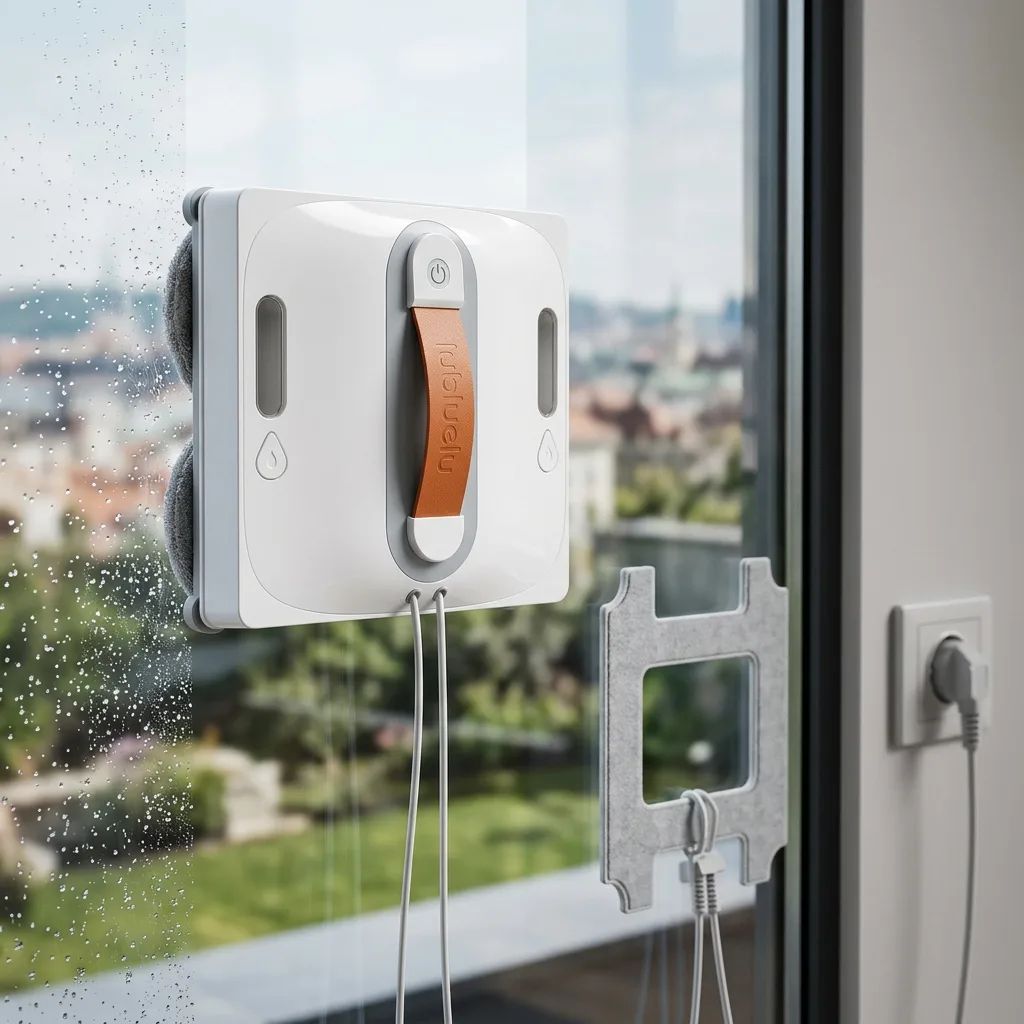 KI-Visualisierung: lubluelu CHYW201 Fensterputzroboter reinigt eine Glasscheibe