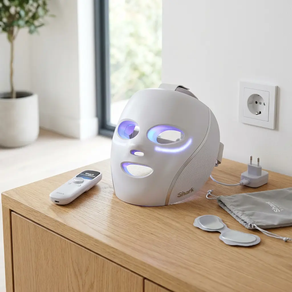 Shark CryoGlow Red Blue & Infrared iQLED Face Mask & Under Eye Cooling – placed in a clean, well-lit home environment