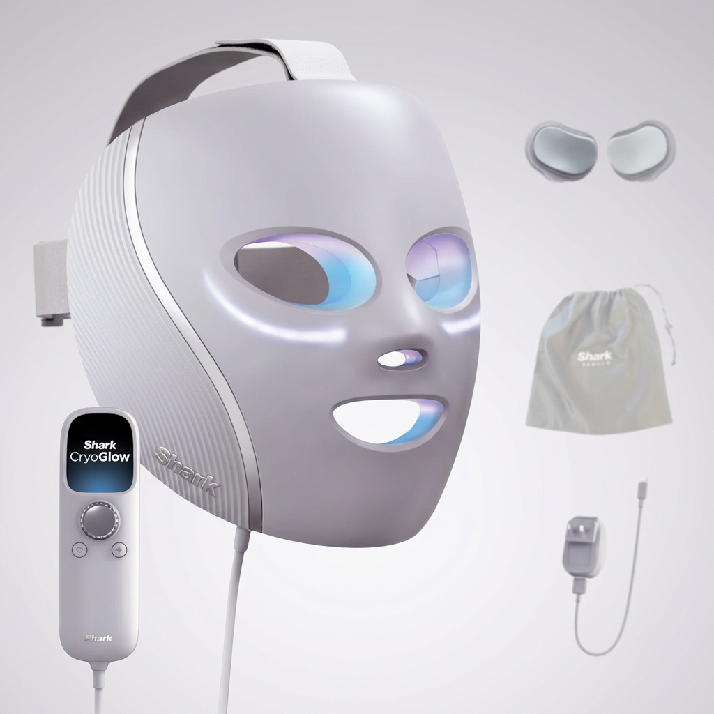 Shark CryoGlow Red Blue & Infrared iQLED Face Mask & Under Eye Cooling – detailed view of the key features, buttons and…
