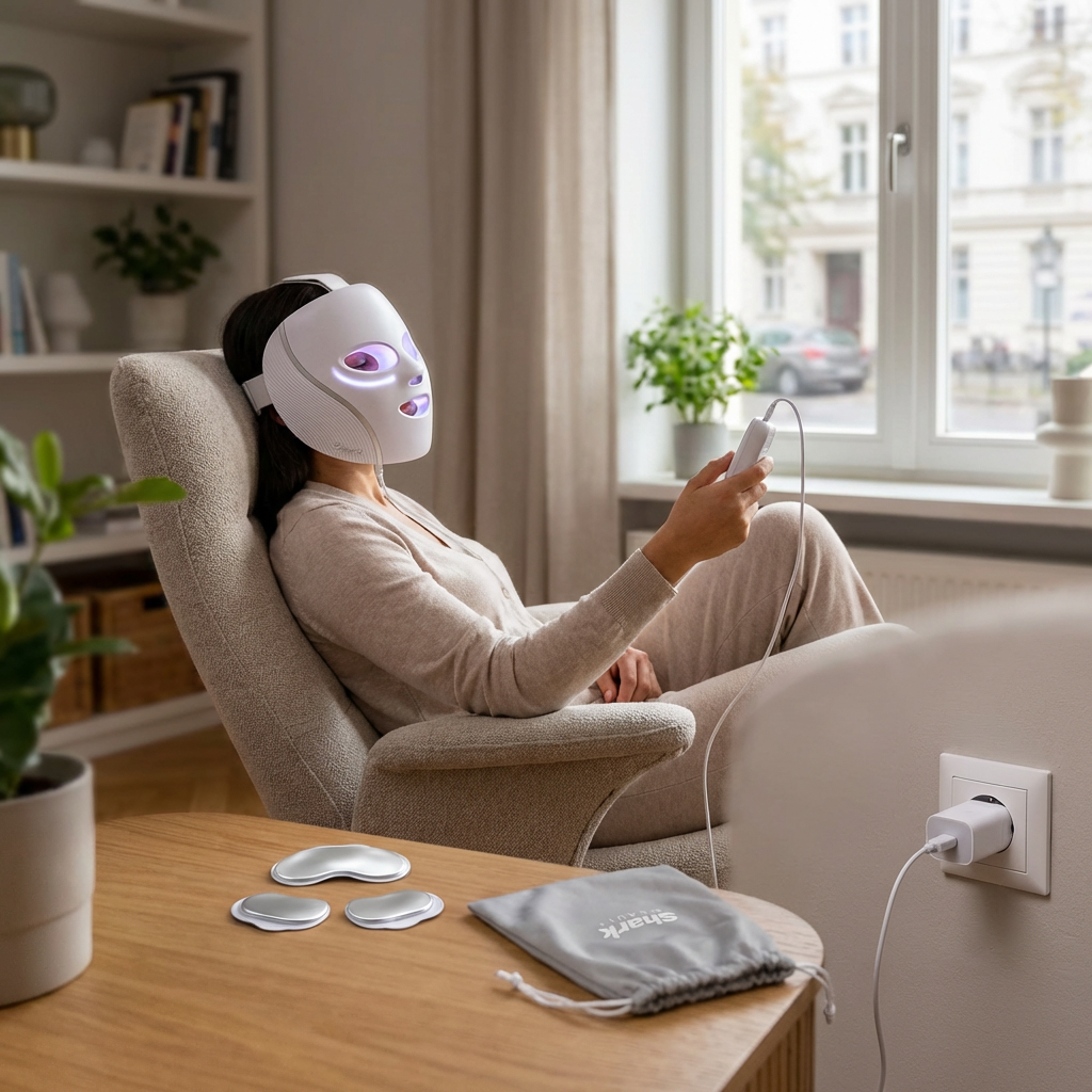 Shark CryoGlow Red Blue & Infrared iQLED Face Mask & Under Eye Cooling – being used in a natural, realistic everyday scenario