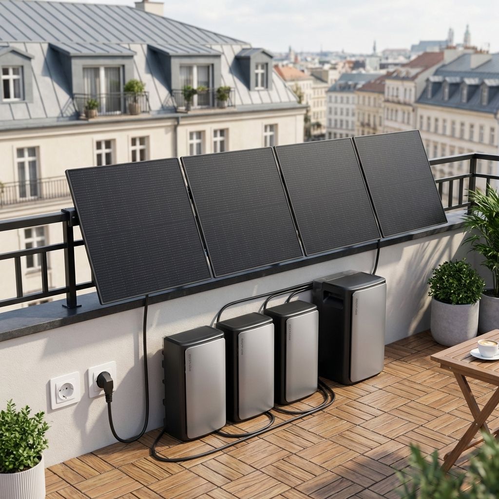 KI-Visualisierung: EcoFlow STREAM Solarbatterie Advanced-Kit (1 000 Wp) Solarpaneele am Balkongeländer mit Stadtblick