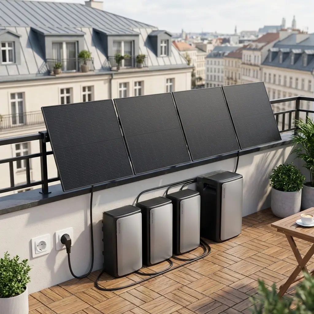 KI-Visualisierung: EcoFlow STREAM Solarbatterie Advanced-Kit (1 000 Wp) Solarpaneele am Balkongeländer mit Stadtblick