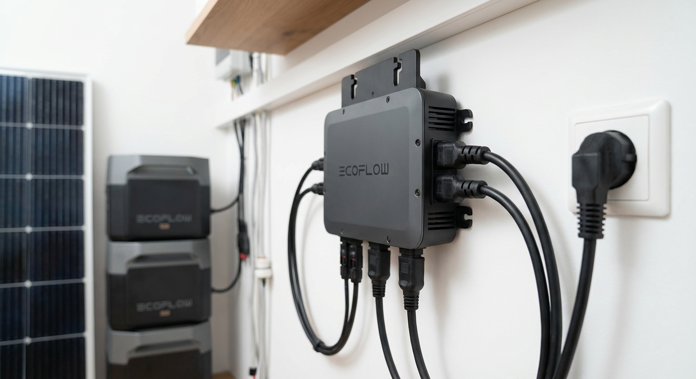 KI-Visualisierung: EcoFlow STREAM Solarbatterie Advanced-Kit (1 000 Wp) Mikrowechselrichter und Kabelverbindungen im Detail