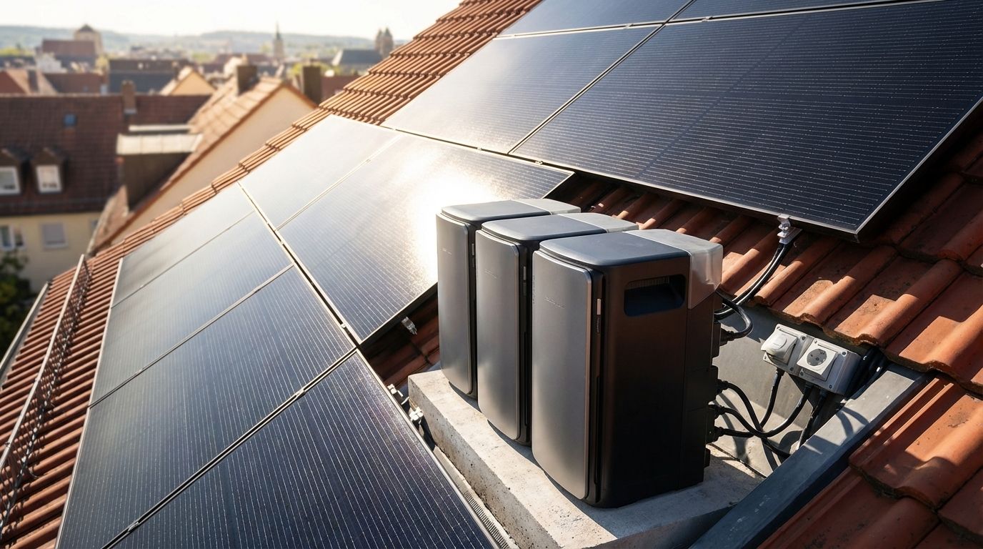 KI-Visualisierung: EcoFlow STREAM Solarbatterie Advanced-Kit (1 000 Wp) Installierte Solaranlage zur Sonne ausgerichtet