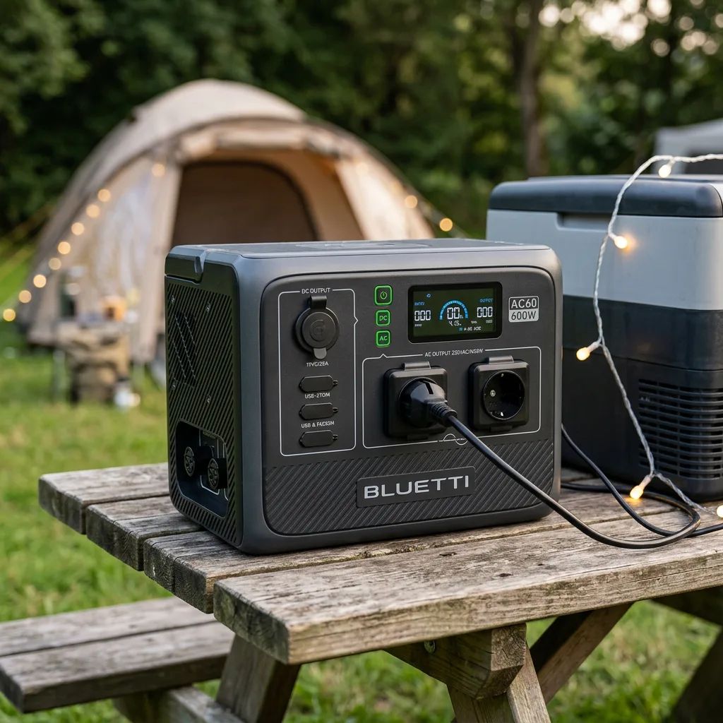 KI-Visualisierung: Bluetti AC60 Versorgung von Kühlbox auf Campingplatz