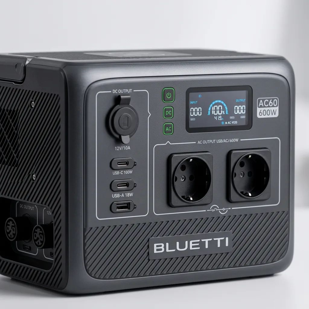KI-Visualisierung: Bluetti AC60 Anschlusspanel einer Powerstation mit Steckdosen