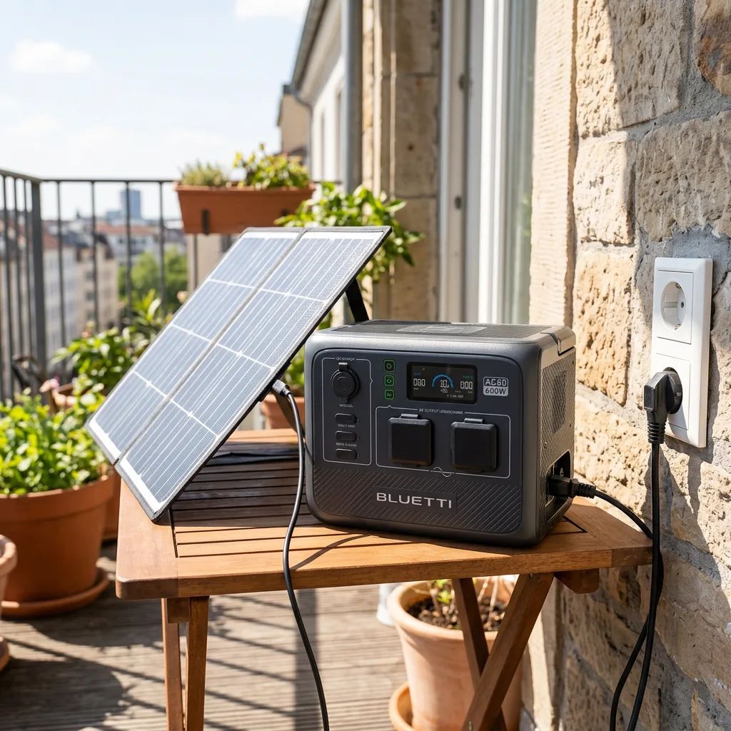 KI-Visualisierung: Bluetti AC60 Aufladen per Solarpanel auf Balkon
